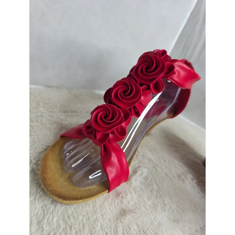 Patrizia by Spring Step Harlequin-R Red Floral Rosette Wedge Sandals EU 42 US 11